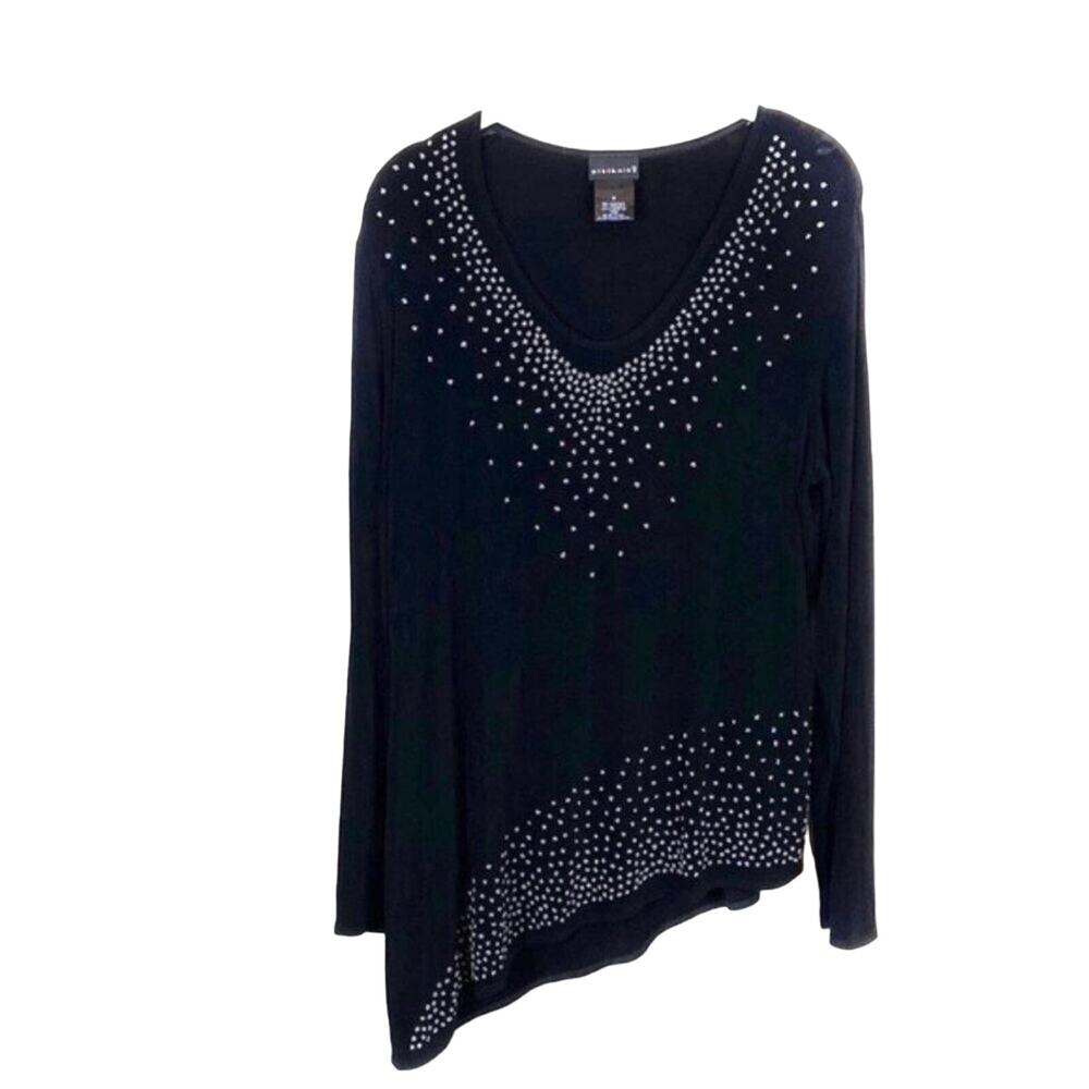 Goth Retro Tunic Top Black Studded Made in USA Asymmetric Slinky Knit Size M